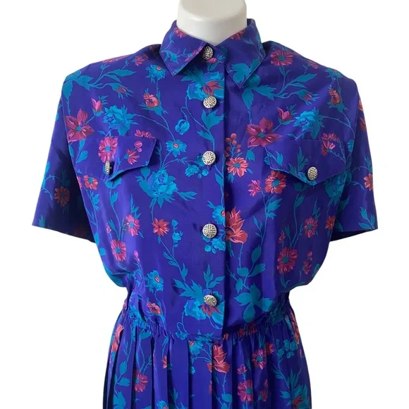 Vintage 1990s LESLIE FAY Floral Pleated retro Multicolored swing Dress sz 16 - Picture 6 of 11